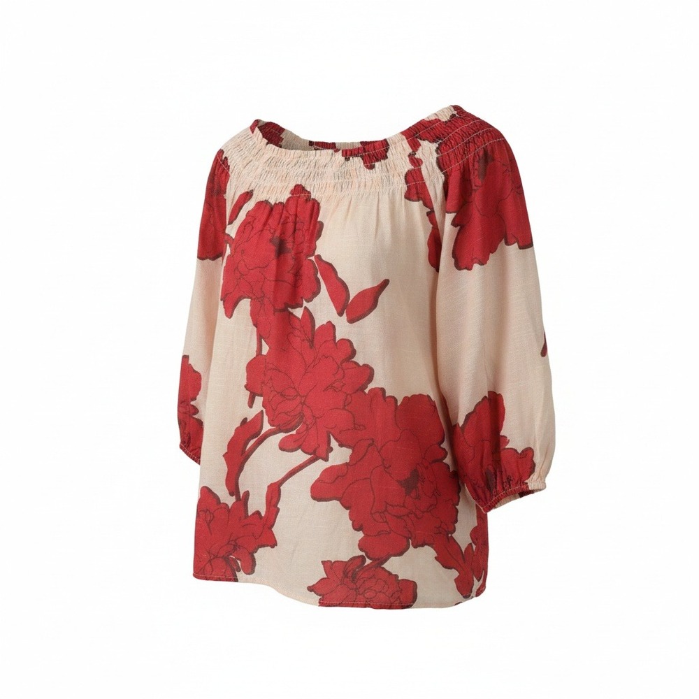 Cato Red Floral Cream Off The Shoulder 3/4 Sleeve Peasant Top Sm Boho Feminine - Picture 2 of 10